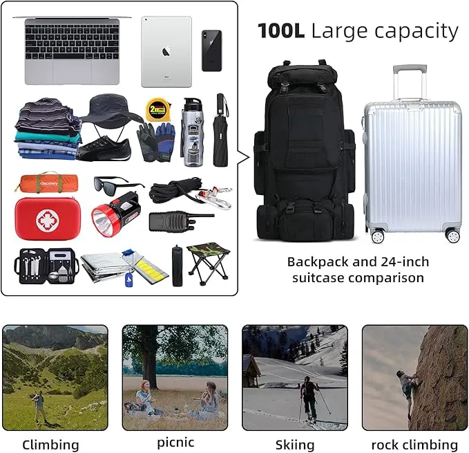 100L Camping Hiking Backpack,Molle military Tactical rucksack backpack,Waterproof Lightweight Hiking Backpack (Black-C)