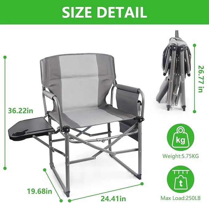 2 Pack Camping Chairs, Heavy Duty Directors Chair,Outdoor Lawn Chairs,Adults Folding Chairs with Side Table and Storage Pockets for Ouside Camping, Lawn, Sports Fishing and Picnic