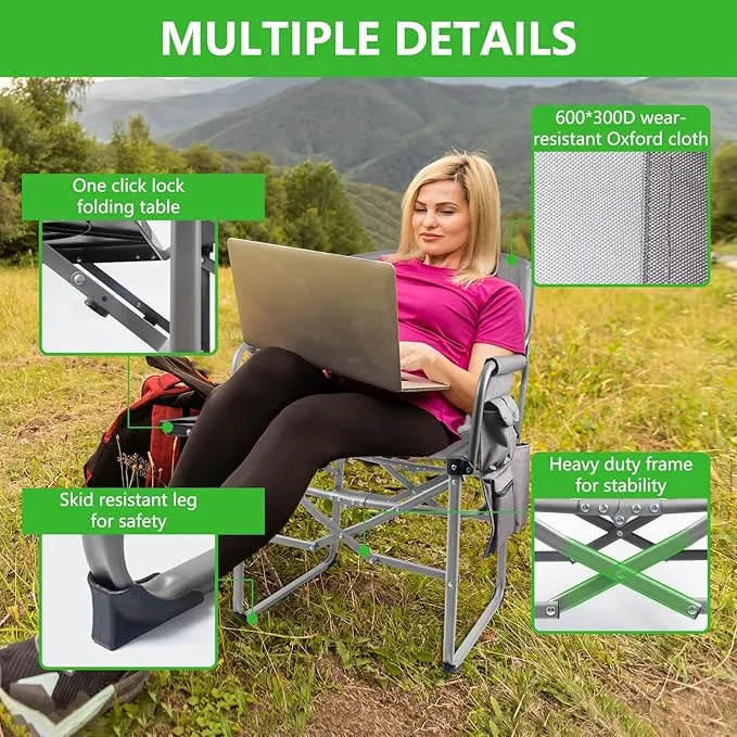 2 Pack Camping Chairs, Heavy Duty Directors Chair,Outdoor Lawn Chairs,Adults Folding Chairs with Side Table and Storage Pockets for Ouside Camping, Lawn, Sports Fishing and Picnic