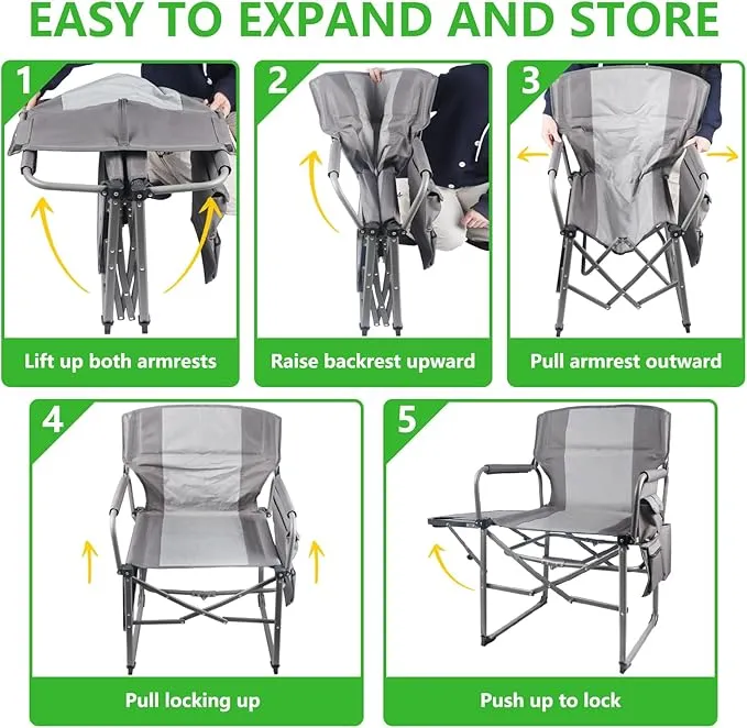 2 Pack Camping Chairs, Heavy Duty Directors Chair,Outdoor Lawn Chairs,Adults Folding Chairs with Side Table and Storage Pockets for Ouside Camping, Lawn, Sports Fishing and Picnic