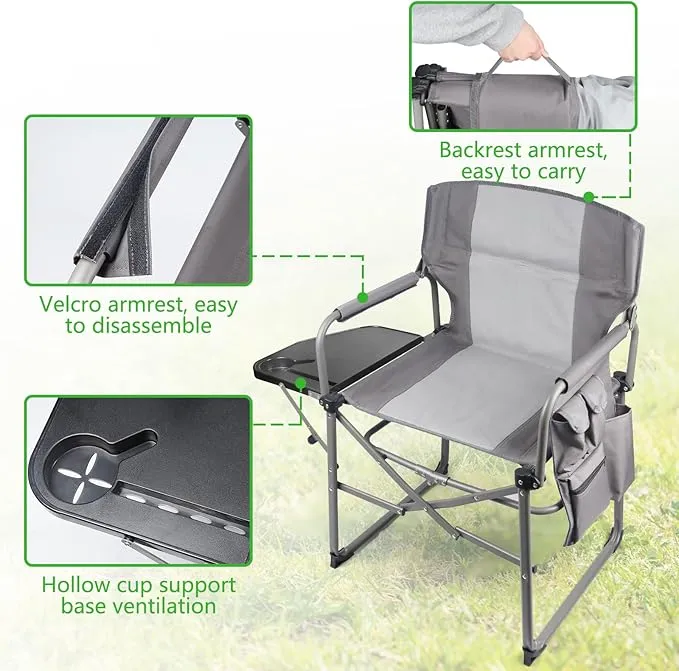 2 Pack Camping Chairs, Heavy Duty Directors Chair,Outdoor Lawn Chairs,Adults Folding Chairs with Side Table and Storage Pockets for Ouside Camping, Lawn, Sports Fishing and Picnic
