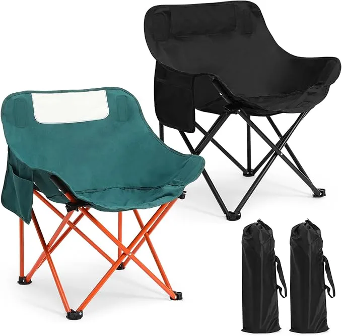 2 Pack Compact Camping Chair Portable Folding Chairs for Outside with Carry Bag Lightweight Moon Chairs for Travel Picnic Hiking Beach Fishing, 600D Oxford, Supports 330lbs (Green, Black)