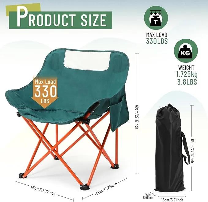 2 Pack Compact Camping Chair Portable Folding Chairs for Outside with Carry Bag Lightweight Moon Chairs for Travel Picnic Hiking Beach Fishing, 600D Oxford, Supports 330lbs (Green, Black)