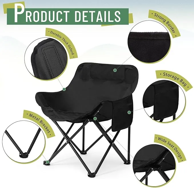 2 Pack Compact Camping Chair Portable Folding Chairs for Outside with Carry Bag Lightweight Moon Chairs for Travel Picnic Hiking Beach Fishing, 600D Oxford, Supports 330lbs (Green, Black)