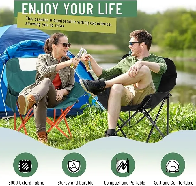 2 Pack Compact Camping Chair Portable Folding Chairs for Outside with Carry Bag Lightweight Moon Chairs for Travel Picnic Hiking Beach Fishing, 600D Oxford, Supports 330lbs (Green, Black)