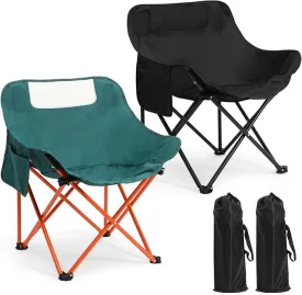 2 Pack Compact Camping Chair Portable Folding Chairs for Outside with Carry Bag Lightweight Moon Chairs for Travel Picnic Hiking Beach Fishing, 600D Oxford, Supports 330lbs (Green, Black)
