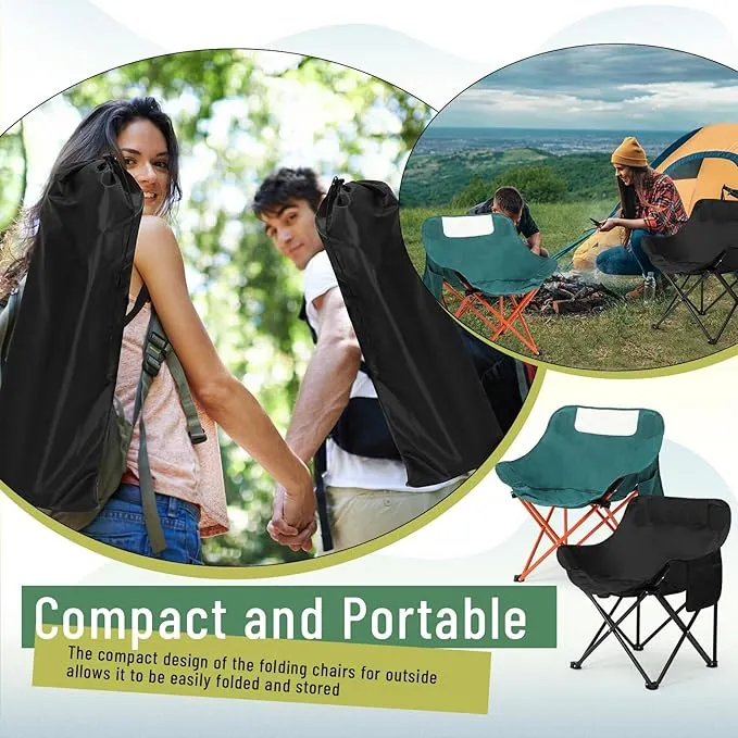 2 Pack Compact Camping Chair Portable Folding Chairs for Outside with Carry Bag Lightweight Moon Chairs for Travel Picnic Hiking Beach Fishing, 600D Oxford, Supports 330lbs (Green, Black)