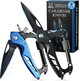 2-Pack Outdoor Carabiner Multitool, Carabiner Knife, EDC Pocket Knife Survival Gear with Glass Breaker