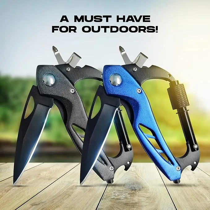 2-Pack Outdoor Carabiner Multitool, Carabiner Knife, EDC Pocket Knife Survival Gear with Glass Breaker