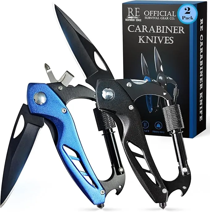 2-Pack Outdoor Carabiner Multitool, Carabiner Knife, EDC Pocket Knife Survival Gear with Glass Breaker