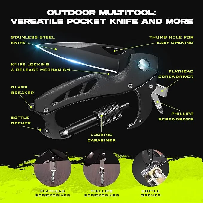 2-Pack Outdoor Carabiner Multitool, Carabiner Knife, EDC Pocket Knife Survival Gear with Glass Breaker