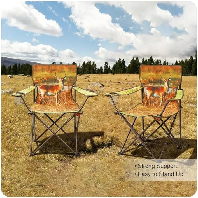 2 Pcs Animal Pattern Camping Chair,Folding Backpacking Lightweight Beach Chair w/Cup Holder,Side Pocket,Carry Bag,Portable Adults Lawn Chair for Family Outdoor,Hiking,Antelope