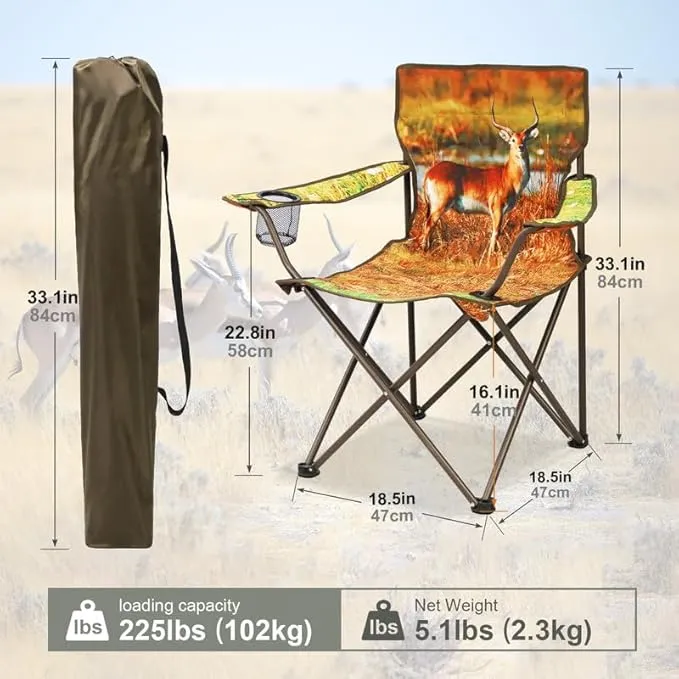 2 Pcs Animal Pattern Camping Chair,Folding Backpacking Lightweight Beach Chair w/Cup Holder,Side Pocket,Carry Bag,Portable Adults Lawn Chair for Family Outdoor,Hiking,Antelope