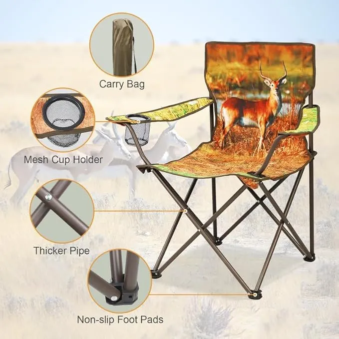 2 Pcs Animal Pattern Camping Chair,Folding Backpacking Lightweight Beach Chair w/Cup Holder,Side Pocket,Carry Bag,Portable Adults Lawn Chair for Family Outdoor,Hiking,Antelope
