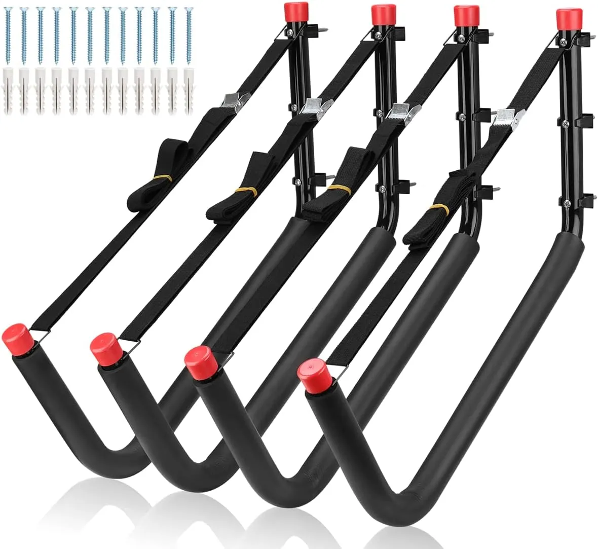 4 Pack Kayaks Storage Racks, 20.5 Inch Heavy Duty Canoe Hangers, Wall Mount Hooks for Stand Up Paddle Boards, Surfboards, SUP, Ski, Snow Board, Black   Red
