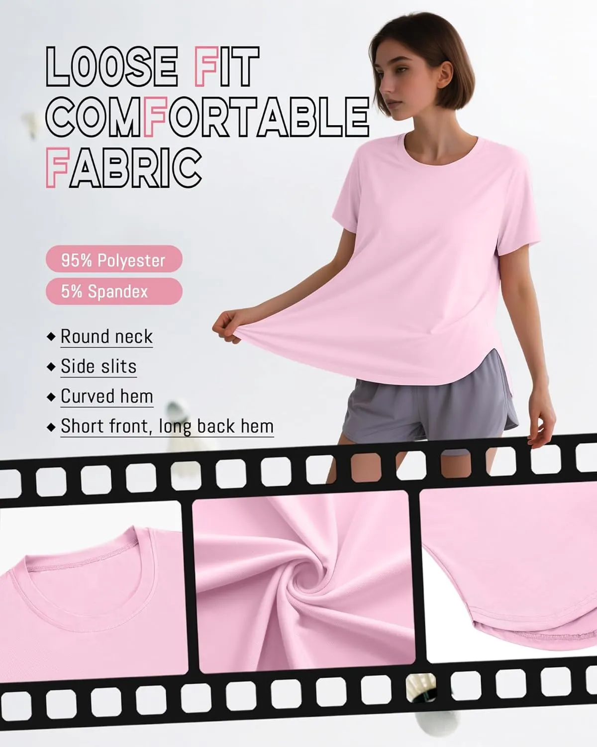 4 Pack Women's Workout T Shirts Short Sleeve Athletic Basic Tee Tops Quick Dry UPF 50  Sun Protection with Split Hem