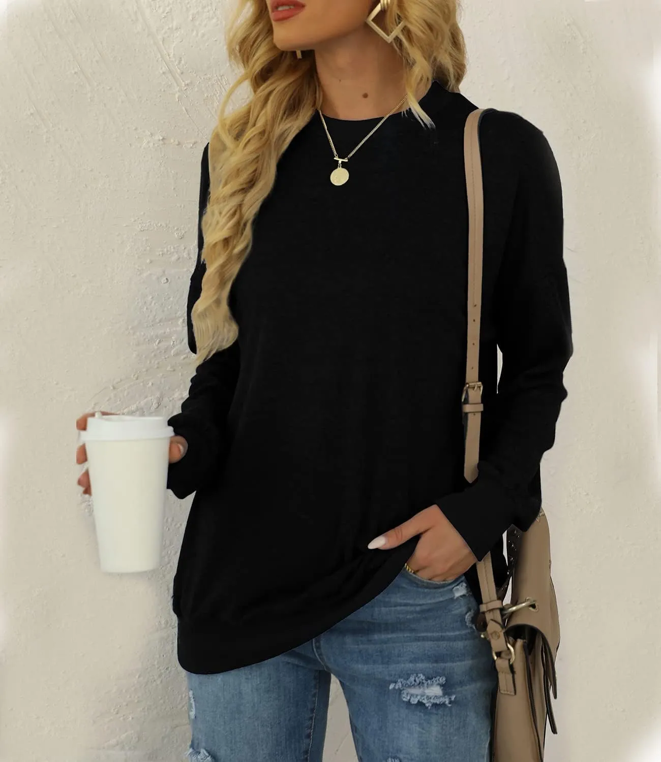 BEUFRI Oversized Sweatshirts for Women Crew Neck Long Sleeve Tunic Shirt Tops for Legging