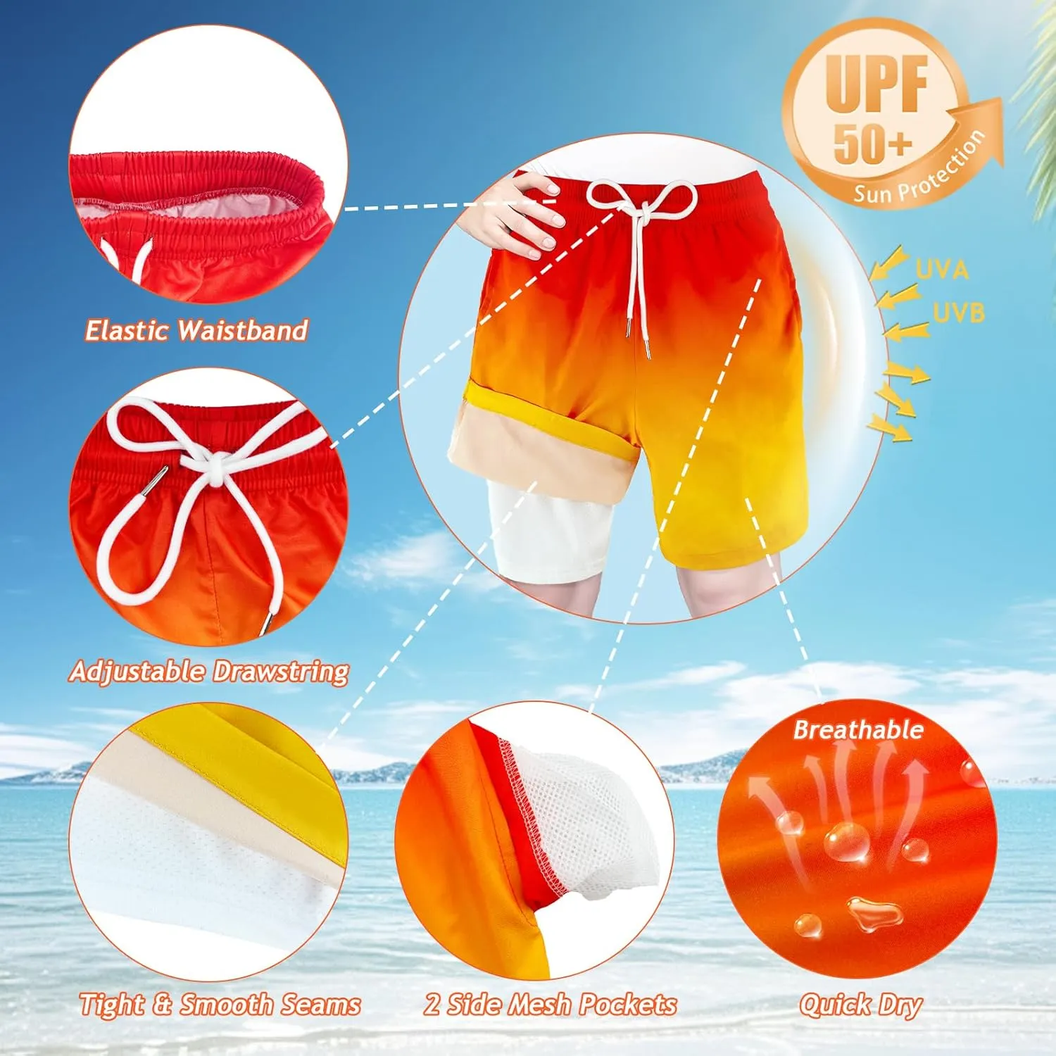 Boys Swim Trunks with Compression Liner Swim Shorts Bathing Suit UPF50 Stretch Swimwear for Boy Quick Dry, 5-16Y