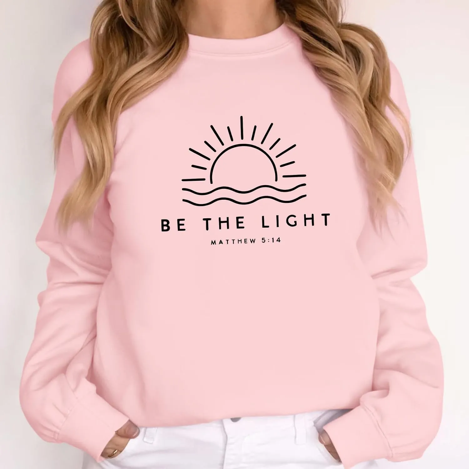 Christian Be The Light Sweatshirts for Women Religious Faith Jesus Bible Verse Graphic Shirts Loose Pullover Tops