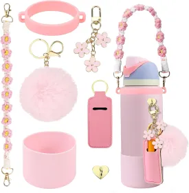 Compatible for Owala Accessories Bundle: Silicone Boot for 24oz & 32oz Bottles, Charms, Handle, Strap, Rubber Bottoms, and Decorative Add-ons for Your Compatible for Owala Water Bottle, Pink