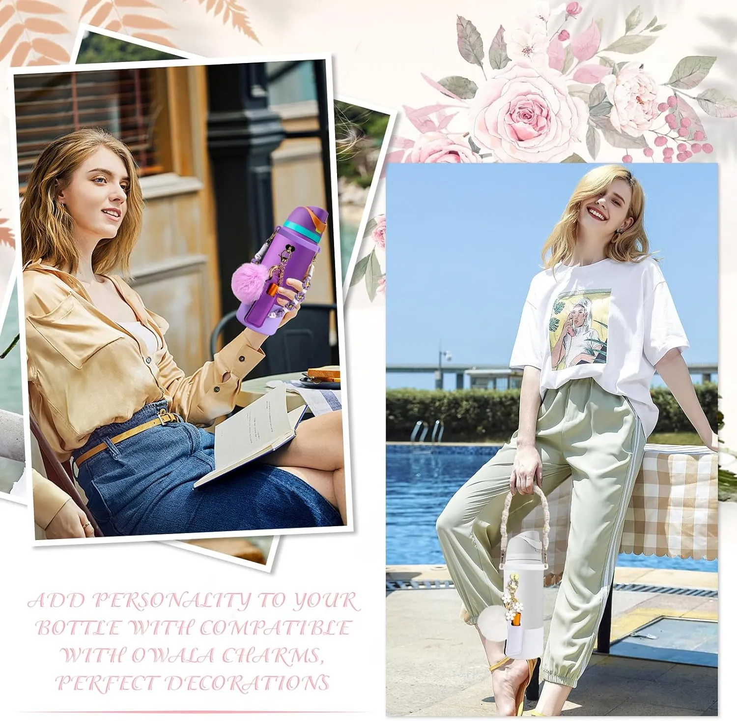 Compatible for Owala Accessories Bundle: Silicone Boot for 24oz & 32oz Bottles, Charms, Handle, Strap, Rubber Bottoms, and Decorative Add-ons for Your Compatible for Owala Water Bottle, Pink