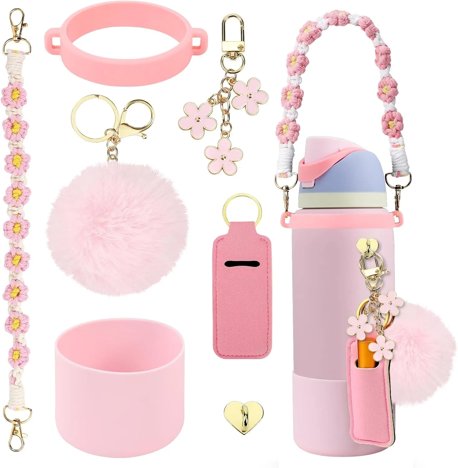 Compatible for Owala Accessories Bundle: Silicone Boot for 24oz & 32oz Bottles, Charms, Handle, Strap, Rubber Bottoms, and Decorative Add-ons for Your Compatible for Owala Water Bottle, Pink