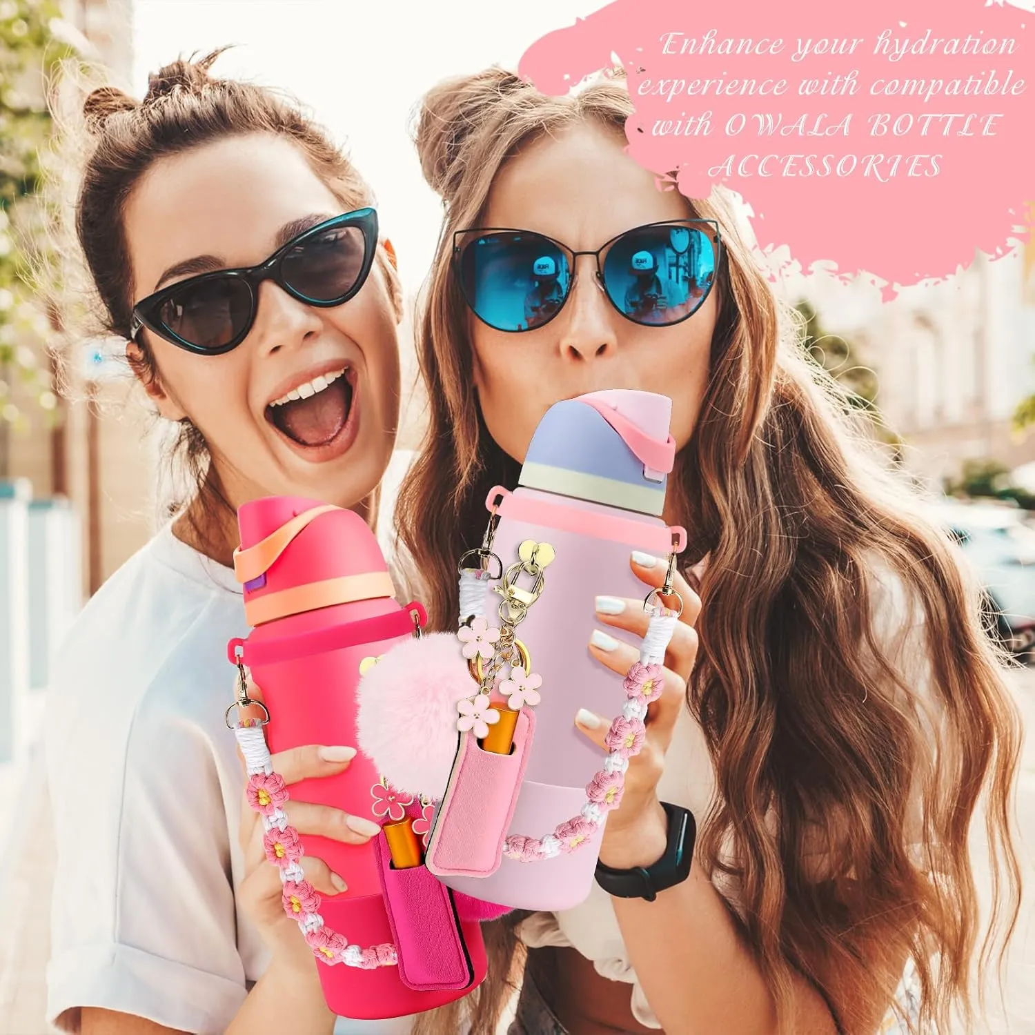 Compatible for Owala Accessories Bundle: Silicone Boot for 24oz & 32oz Bottles, Charms, Handle, Strap, Rubber Bottoms, and Decorative Add-ons for Your Compatible for Owala Water Bottle, Pink