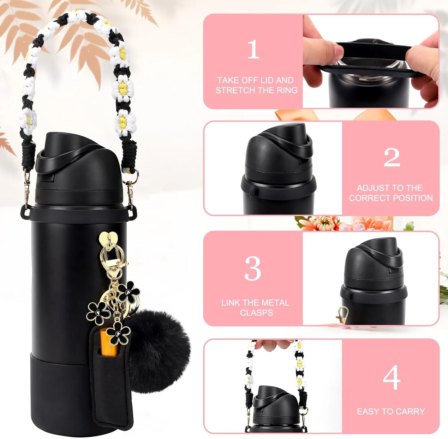 Compatible for Owala Accessories Bundle: Silicone Boot for 24oz & 32oz Bottles, Charms, Handle, Strap, Rubber Bottoms, and Decorative Add-ons for Your Compatible for Owala Water Bottle, Pink