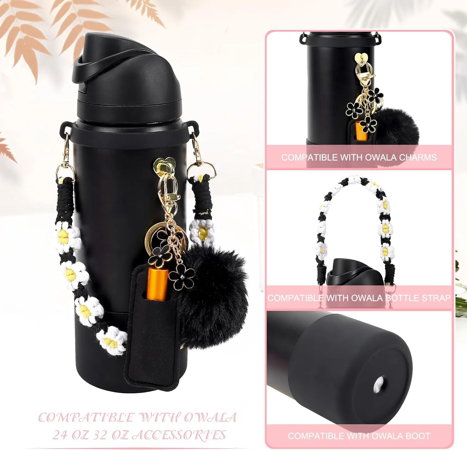 Compatible for Owala Accessories Bundle: Silicone Boot for 24oz & 32oz Bottles, Charms, Handle, Strap, Rubber Bottoms, and Decorative Add-ons for Your Compatible for Owala Water Bottle, Pink