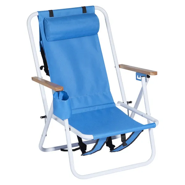 Folding Beach Chair Set of 2 for Adults, 4 Position Portable Backpack Foldable Camping Chair with Headrest Cup Holder and Wooden Armrests, Blue