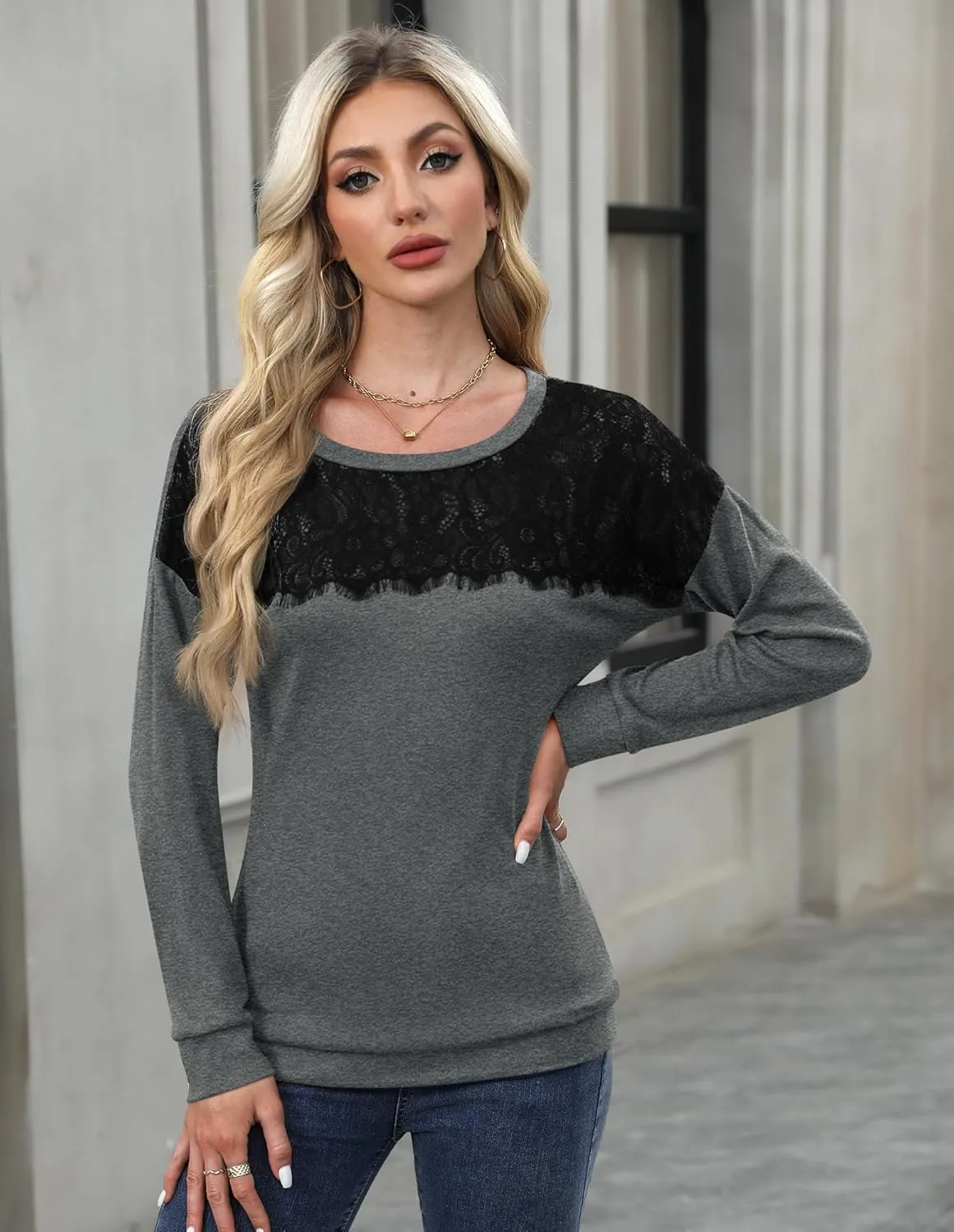 For G and PL Women's 2024 Fall Winter Long Sleeve Crewneck Lace Top Shirt Dressy Casual Elegant Sweatshirt