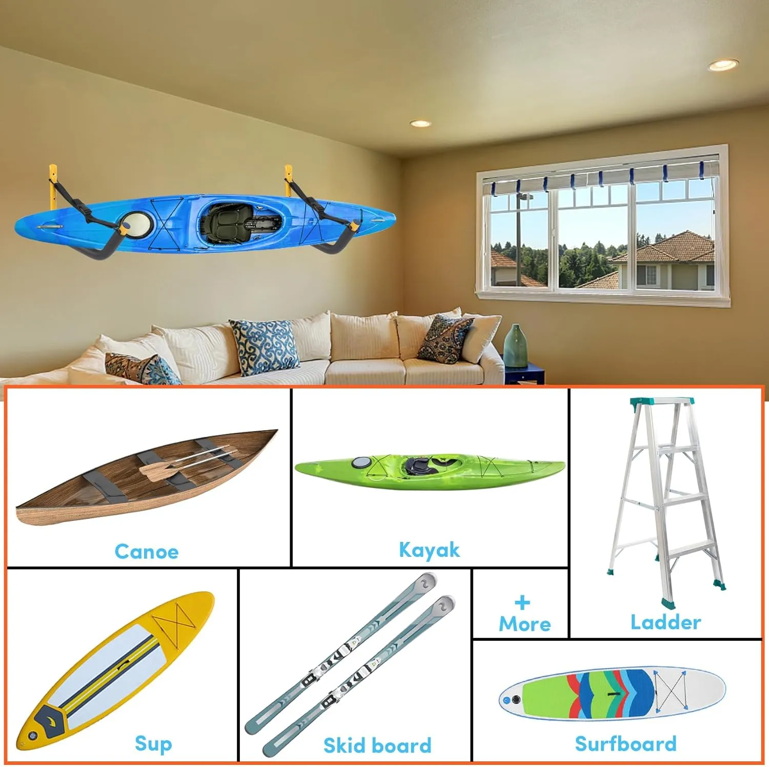 Kayak Storage Rack,Kayak Rack for Garage,Kayak Wall Mount Kayak Wall Rack with Nylon Straps,Heavy Duty Kayak Hanger Kayak Hook Suitable for Kayaks and SUP Paddle Board(4Pack,6 Colors)