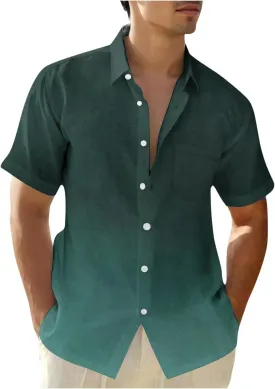 Men Summer Loose Shirts Casual Lapel Gradient T-shirts Short Sleeve Button Shirt Hawaiian Beach Tops for Men's