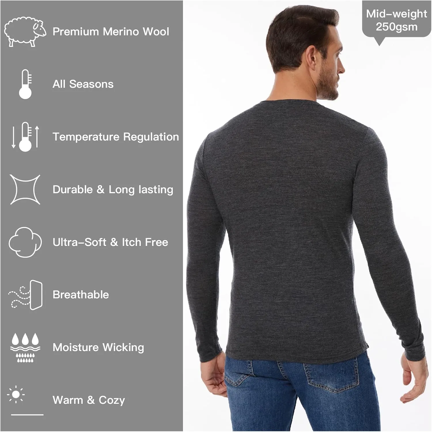 MERINNOVATION Merino Wool Base Layer Mens 100% Merino LS Thermal Shirts for Hiking Hunting,Lite, Midweight