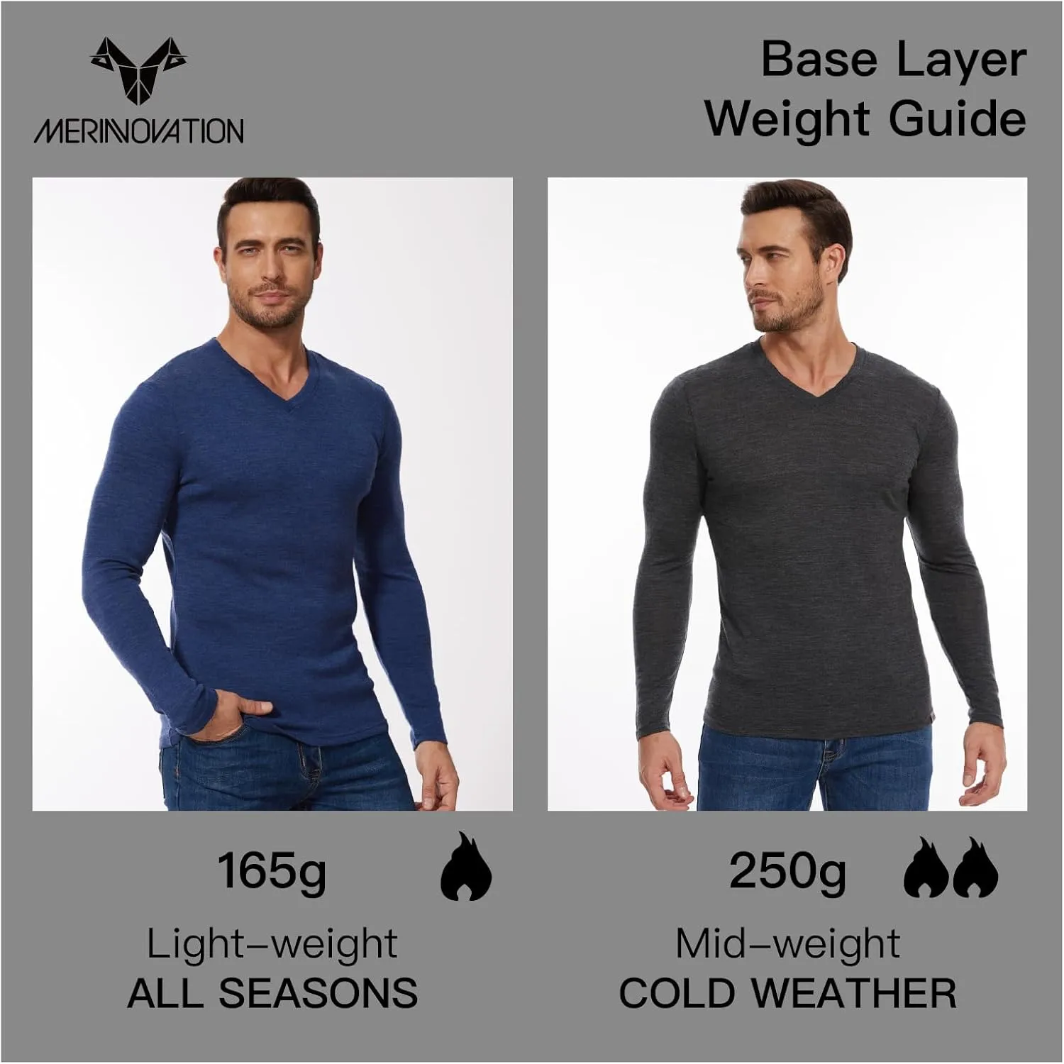 MERINNOVATION Merino Wool Base Layer Mens 100% Merino LS Thermal Shirts for Hiking Hunting,Lite, Midweight