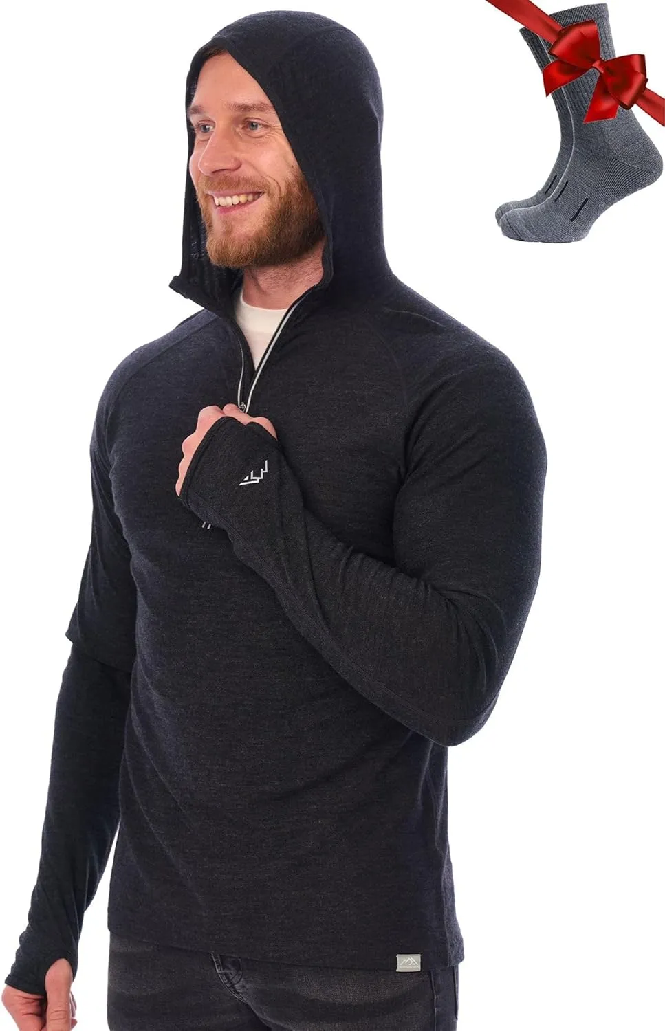 Merino.tech 100% Merino Wool Hoodie Men - Slim Fit Merino Wool Base Layer Mens Half Zip Thermal Long Sleeve Shirt and Socks