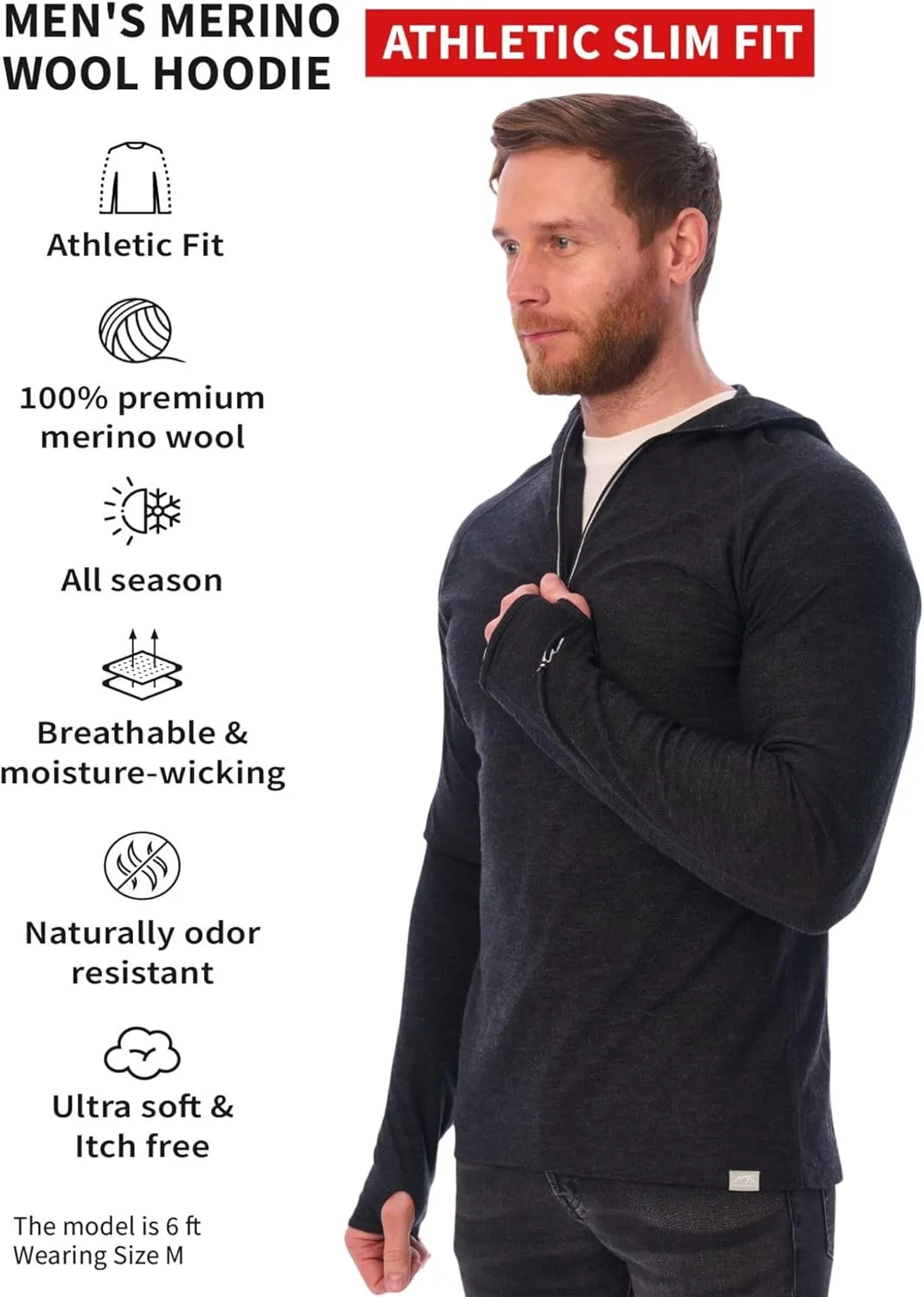 Merino.tech 100% Merino Wool Hoodie Men - Slim Fit Merino Wool Base Layer Mens Half Zip Thermal Long Sleeve Shirt and Socks