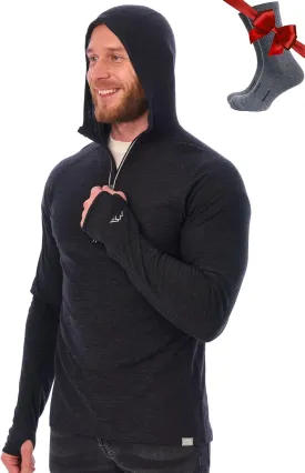 Merino.tech 100% Merino Wool Hoodie Men - Slim Fit Merino Wool Base Layer Mens Half Zip Thermal Long Sleeve Shirt and Socks