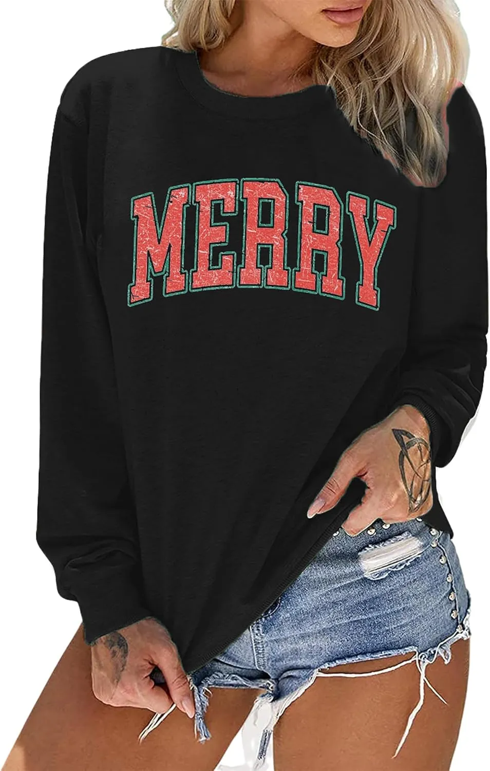 Merry Christmas Sweatshirts Women Classic Merry Letter Print Sweatshirts Xmas Holiday Party Pullover Blouse