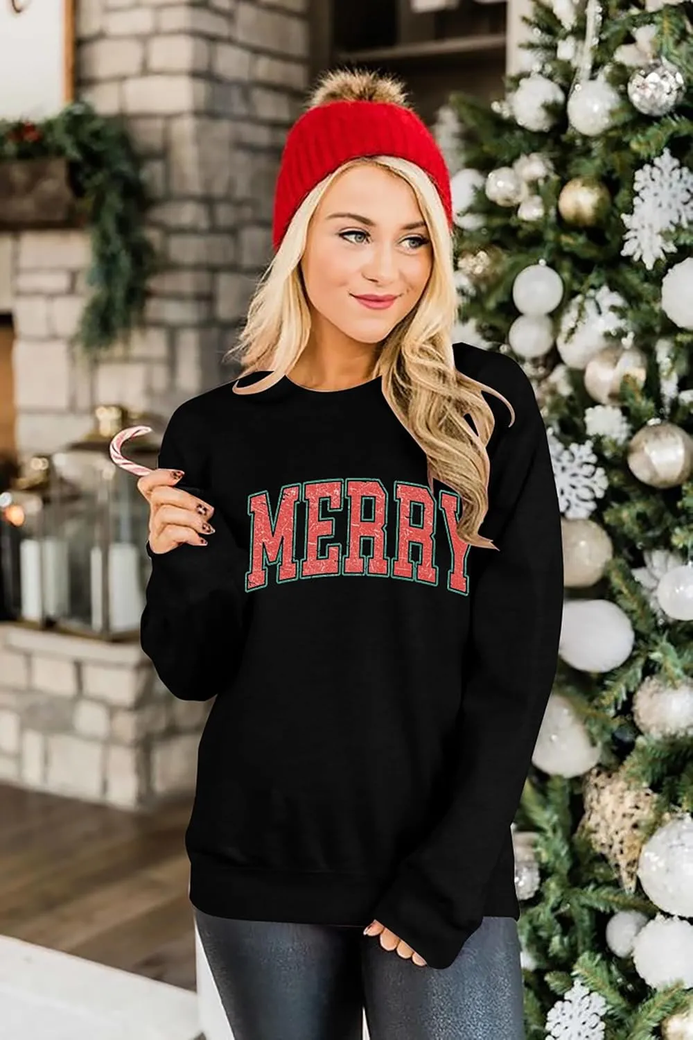 Merry Christmas Sweatshirts Women Classic Merry Letter Print Sweatshirts Xmas Holiday Party Pullover Blouse