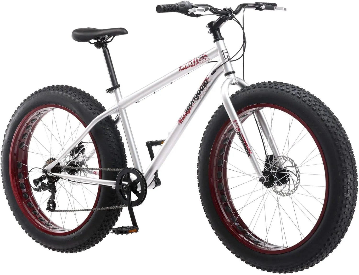 Mongoose Malus Mens and Women Fat Tire Mountain Bike, 26-Inch Bicycle Wheels, 4-Inch Wide Knobby Tires, Steel Frame, 7 Speed Drivetrain, Shimano Rear Derailleur, Disc Brakes