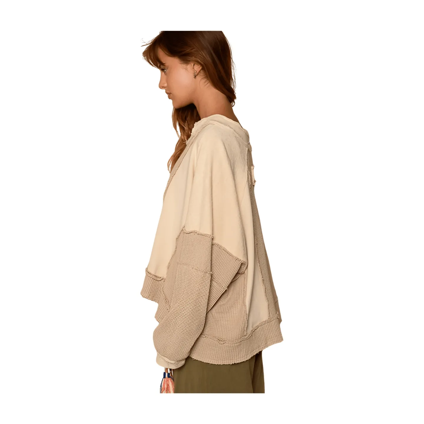 Notched Neck Waffle Contrast Top - Beige