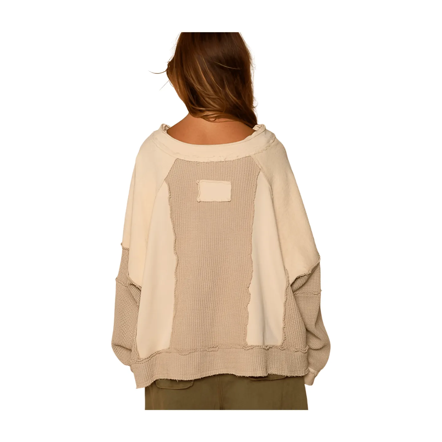 Notched Neck Waffle Contrast Top - Beige