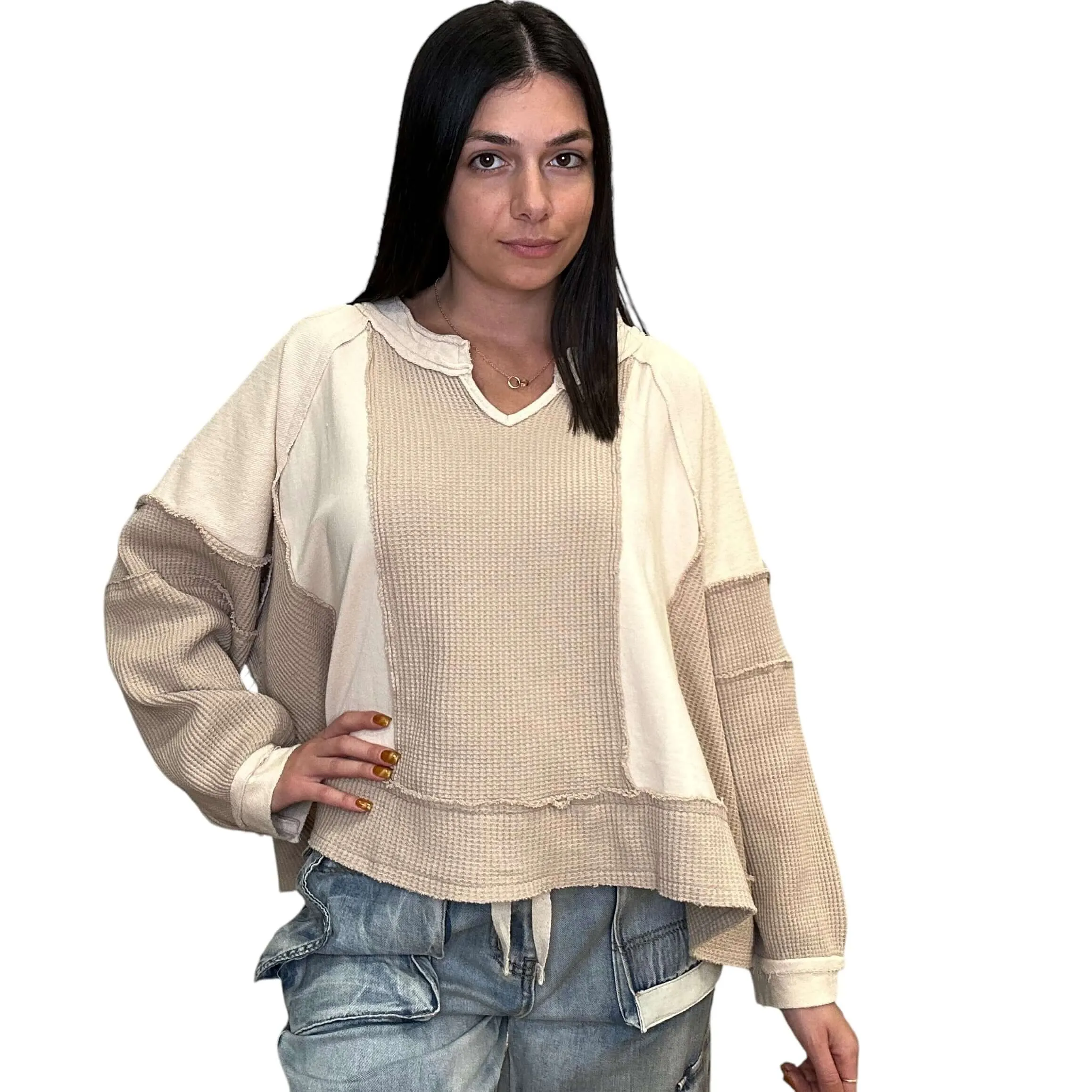Notched Neck Waffle Contrast Top - Beige