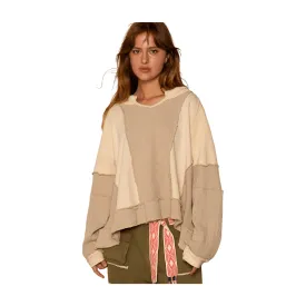 Notched Neck Waffle Contrast Top - Beige