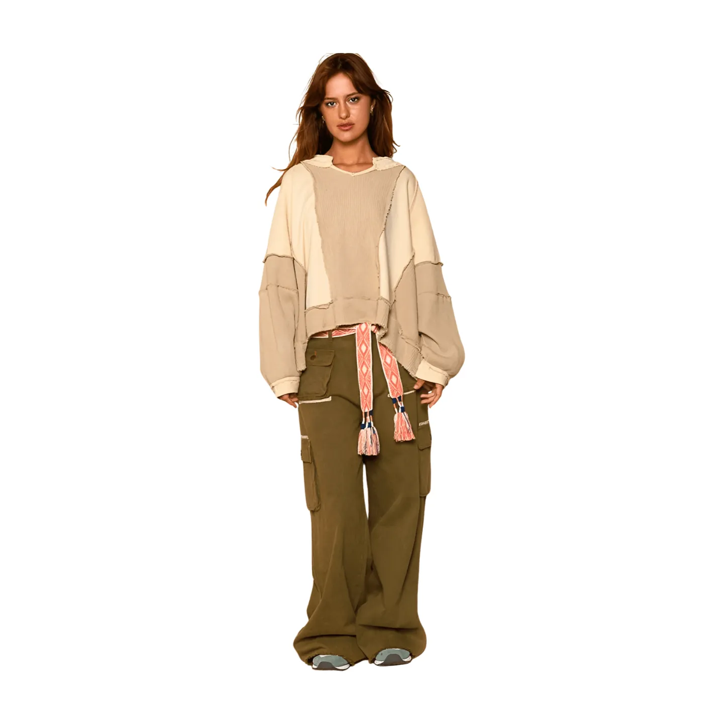 Notched Neck Waffle Contrast Top - Beige
