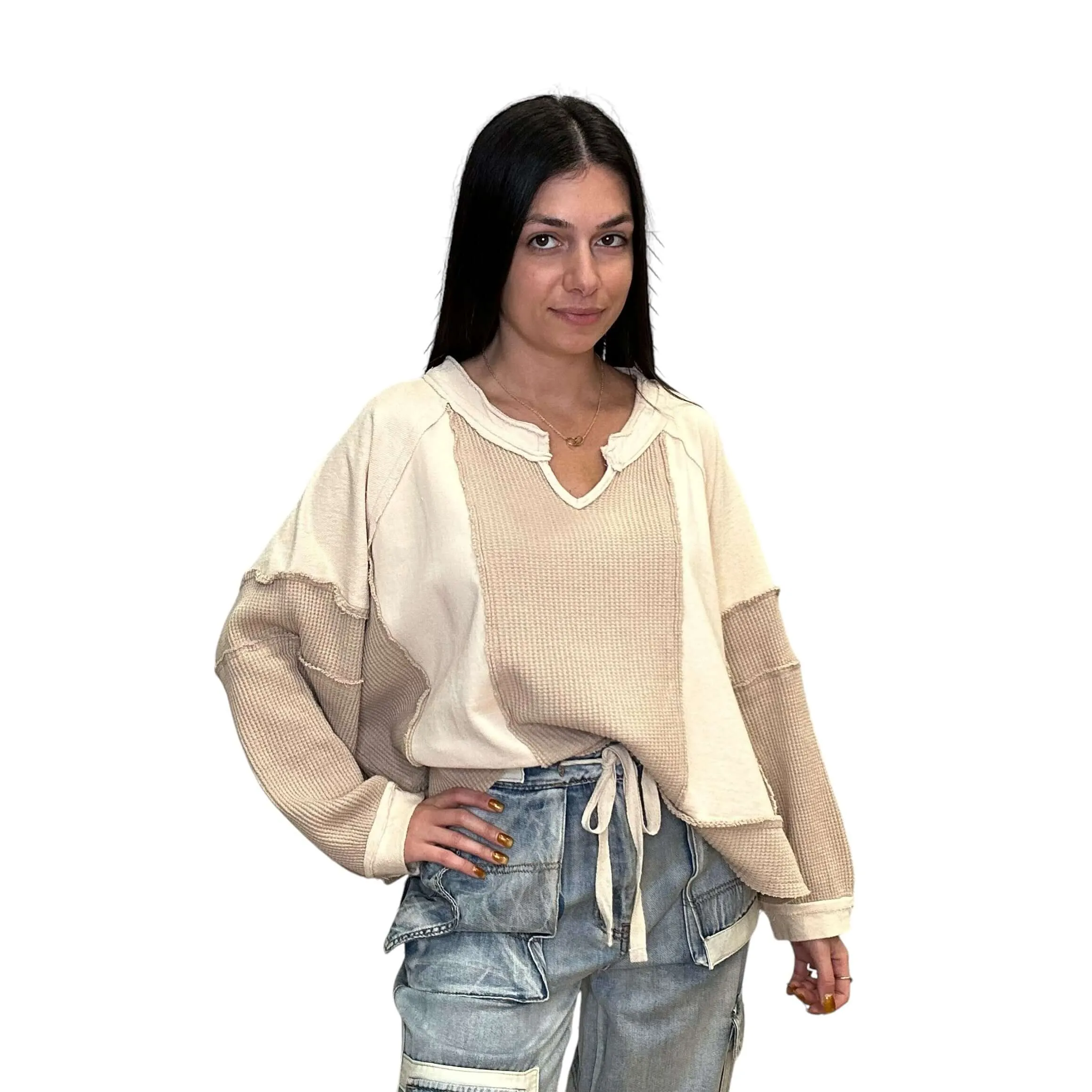 Notched Neck Waffle Contrast Top - Beige