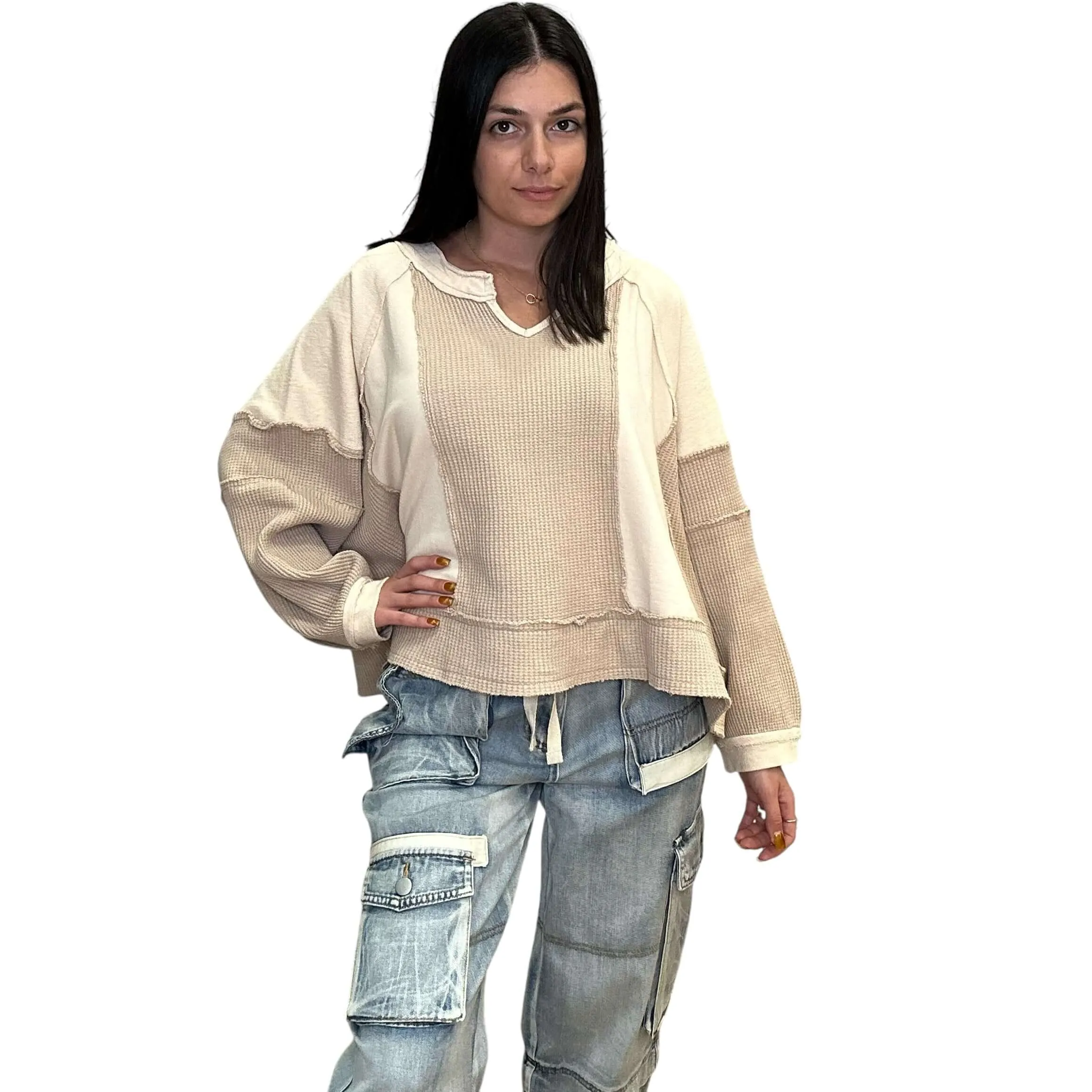 Notched Neck Waffle Contrast Top - Beige