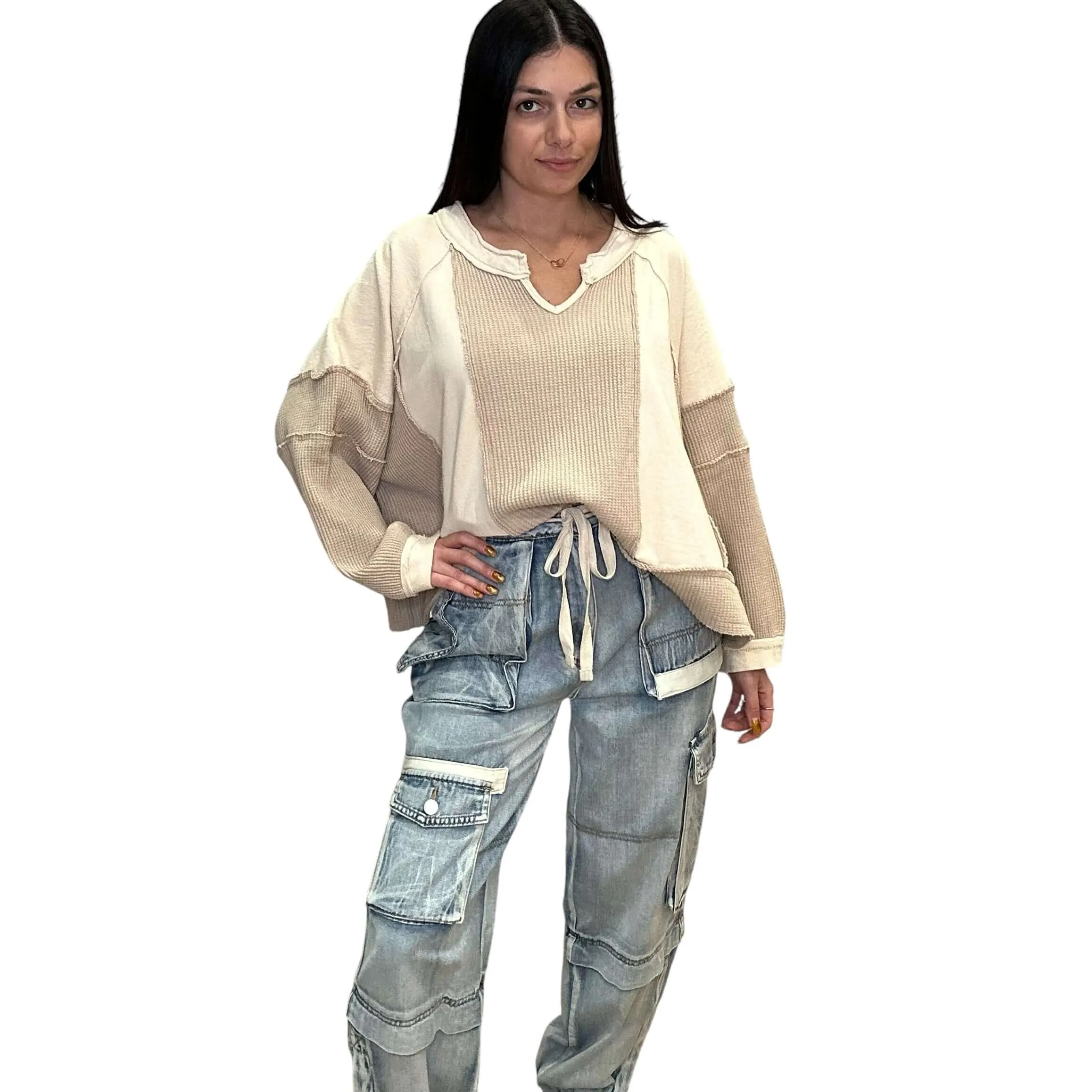 Notched Neck Waffle Contrast Top - Beige