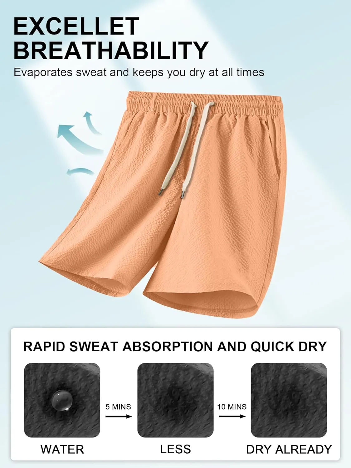 PLEPAN Mens Casual Shorts Lightweight Summer Beach Shorts Elastic Waist Drawstring Stretch Seersucker Textured Shorts for Men